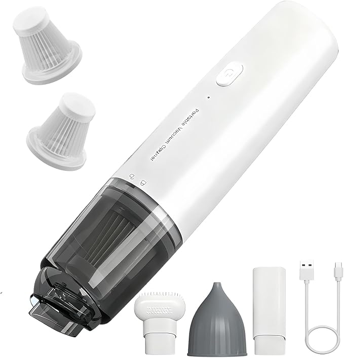 Handheld Vacuum Cordless, Car Vacuum Cleaner Portable with HEPA Filter, 2 Suction Modes, Mini Hand Held Vacuum Rechargeable for Car, Home, Pet Hair, Office, Keyboards(White)