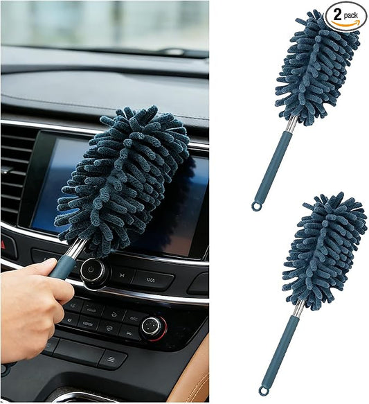 Zpana 2PCS Car Interior Duster with Extension Pole, Soft Chenille Retractable Washable Dash Detailing Cleaner, Auto Window Cleaning Brush Duster for Interior Exterior, Universal Fit (Blue)