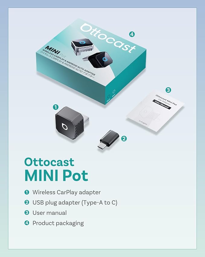 OTTOCAST Mini 3.0 (Pot) 2025 2-in-1 Wireless CarPlay/Android Auto Adapter, 5GHz WiFi, Auto Connect for 2016+ Cars