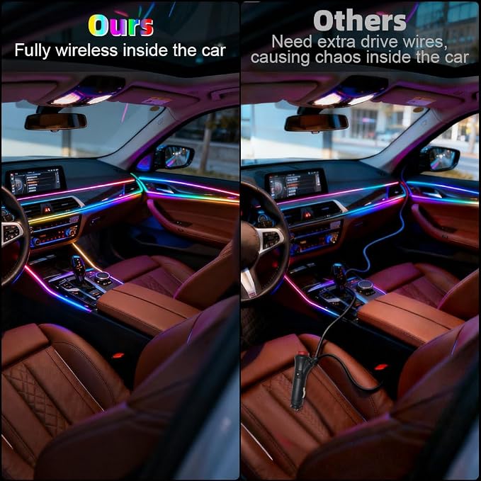Acrylic Interior Car Ambient Lighting Kits, LED Strip Lights with Wireless APP, Neon Fiber Optic Lights Function LED Strip for Car with Music Modes (10 in 1)