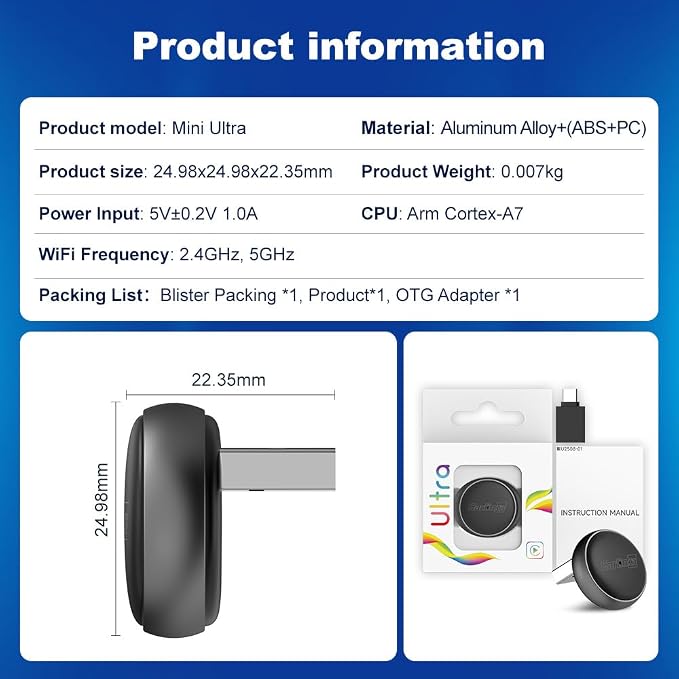 Carlinkit Wireless CarPlay & Android Auto Adapter - Mini Ultra 3 Convert OEM Wired to Wireless Dongle for iPhone & Android 11+, USB-A/Type-C Plug & Play, Fast Connection, Online Upgrade