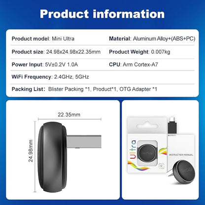 Carlinkit Wireless CarPlay & Android Auto Adapter - Mini Ultra 3 Convert OEM Wired to Wireless Dongle for iPhone & Android 11+, USB-A/Type-C Plug & Play, Fast Connection, Online Upgrade