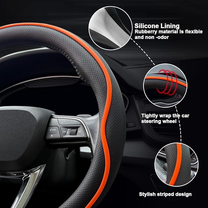 HAOTULE Leather Steering Wheel Cover， with Anti-Slip Stripe Design - Enhanced Grip, Fashion Style, Safe, Non-Slip, Breathable. Upgrade car Interior，Orange