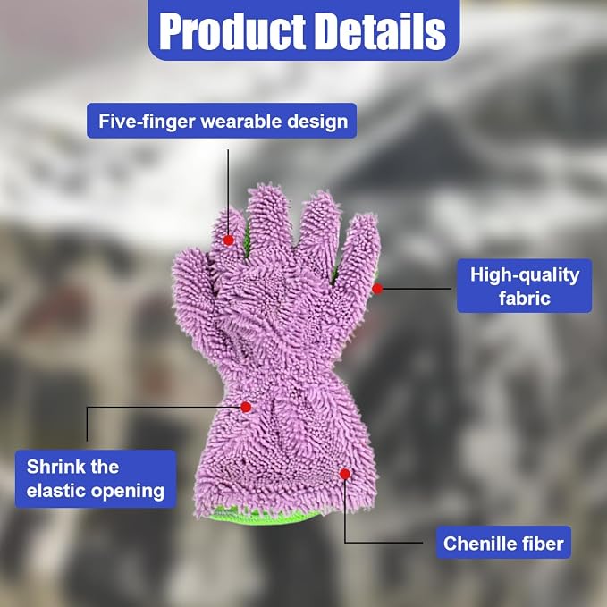 2PCS Car Wash Mitts, Double Sided Chenille Microfiber Dusting Gloves with 5-Finger Design, Anti-Scratch Auto Interior Exterior Detailing Mitt for Cleaning Wheel Tight Spot (Purple)