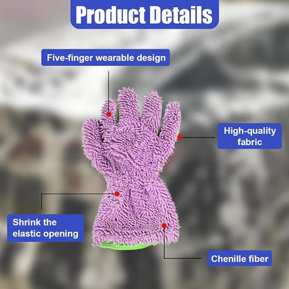 2PCS Car Wash Mitts, Double Sided Chenille Microfiber Dusting Gloves with 5-Finger Design, Anti-Scratch Auto Interior Exterior Detailing Mitt for Cleaning Wheel Tight Spot (Purple)