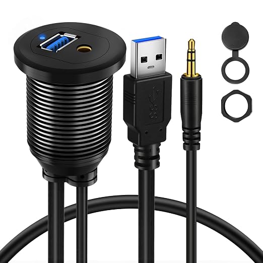Alloy USB 3.0 AUX DC3.5mm Port Car Mount Flush Cable for Car Boat Motorcycle Dash Panel with LED Indicator - 3ft