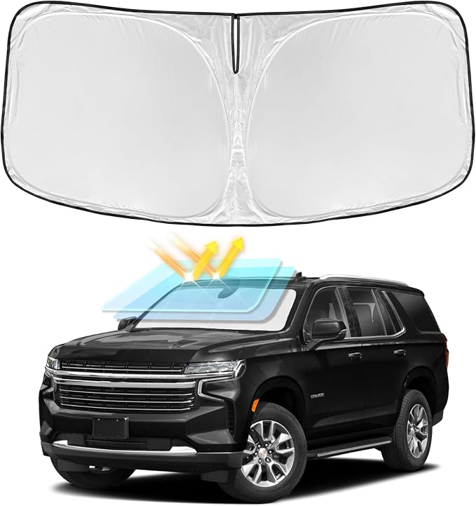for Chevrolet Tahoe 2021-2026 Windshield Sun Shade - 4 Layers Car Sunshades for Front Windows Shade Cover Custom Fit Tahoe Sun Visor 250T Retractable Shade Blocks UV Rays Car Accessories