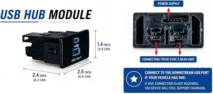 Wireless CarPlay Android Auto USB Hub for Ford Sync 3, Ice Blue | USB 3.1 Type-C, 30W PD Fast Charging，Wireless CarPlay and Android Auto USB Hub