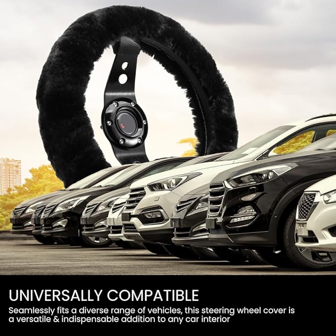 Andalus Brands Luxury Fluffy Car Steering Wheel Covers – Genuine Merino Sheepskin, Soft Fuzzy Car Steering Wheel Cover for Women, Universal 14.5-15" Size, Plush Fur Cute Auto Accessories, Black