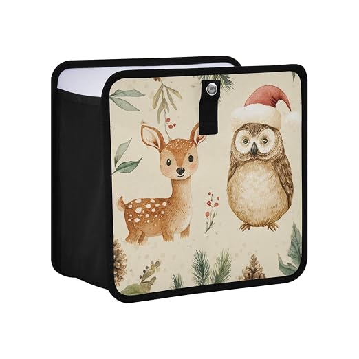 Car Trash Can Organizer Bin with Adjustable Strap for Back Front Seat Console Waterproof Leakproof Collapsible Portable 8.66 Inch Christmas Deer Owl Pinecorns Leaves Beige
