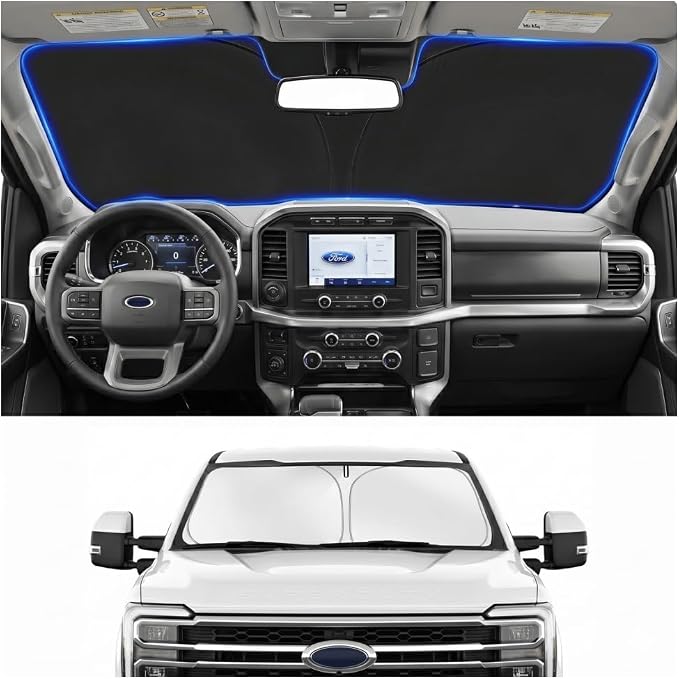 Windshield Sun Shade for Ford Super Duty F250 F350 F450 F550 2017-2026 | Custom Fit Windshield Cover, Blocks UV Rays, Double-Layer Heat Shield, Durable Frame, Easy Fold & Storage