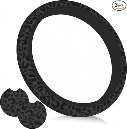 Black Leopard Print Steering Wheel Cover14-15In + 2 Pieces Car Coasters | Anti-Slip Breathable Cheetah Animal Print Car Wheel Cover Accessories for Women,Universal
