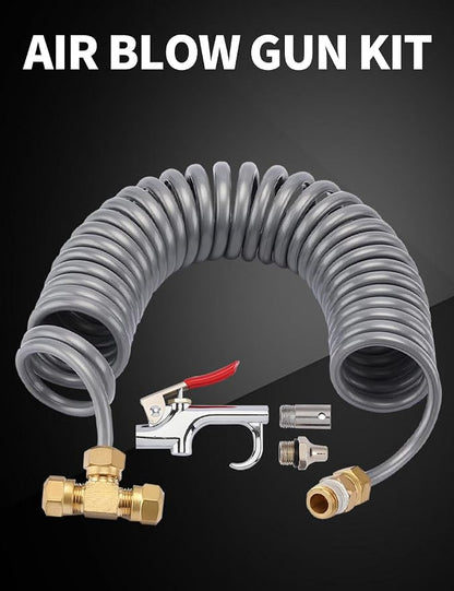 Gray Heavy Duty Air Seat Blow Gun Kit for Truck, 1/4 Inch × 11.5 Feet PU Coil Air Hose, Lever Air Duster Blow Gun Cleaning with 2 Nozzle Tips，Coil Air Hose Brass Compression Fittings Connect