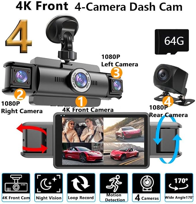 4 Channel 4K Dash Cam Front and Rear Inside, 360° View 1080P Dash Camera for Cars, Super Night Vision, Gravity Sensor, Loop Recording, WDR, 24H Parking Mode, WiFi & APP Control, with 64GB Card