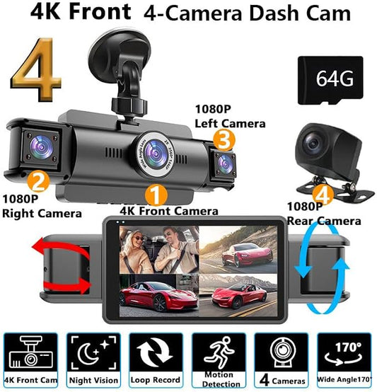 4 Channel 4K Dash Cam Front and Rear Inside, 360° View 1080P Dash Camera for Cars, Super Night Vision, Gravity Sensor, Loop Recording, WDR, 24H Parking Mode, WiFi & APP Control, with 64GB Card