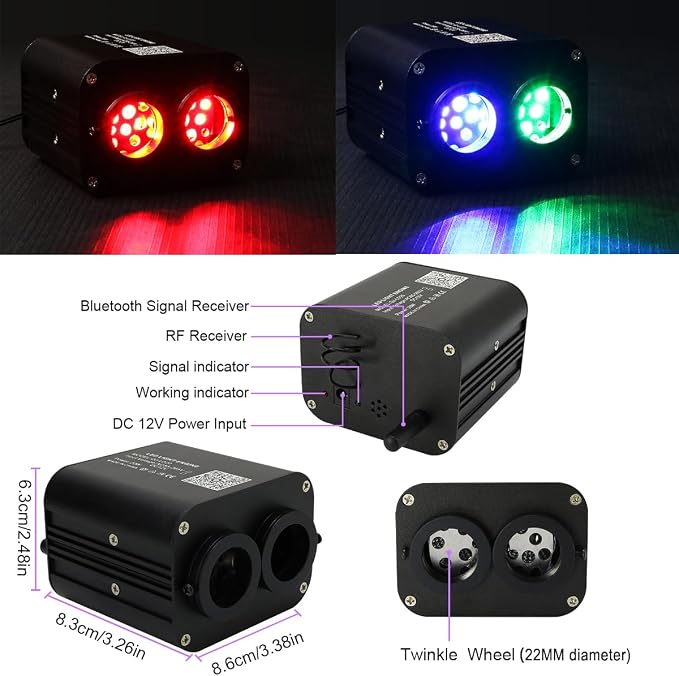 AZIMOM Dual Color 20W Twinkle 900pcs Fiber Optic Starlight Headliner Kits 0.03in 9.8ft Fiber Strands End Glow Sound Activated Remote APP Control RGBW Light Source Home Ceiling Car Headliner Décor