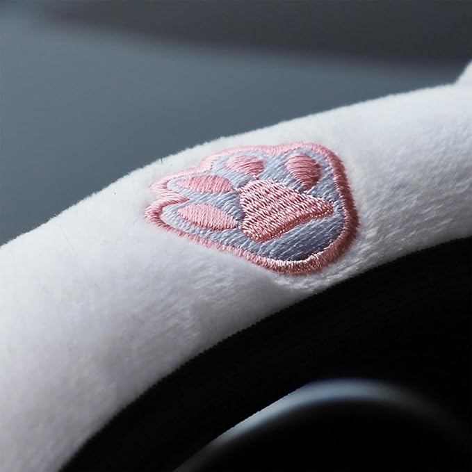 Bittwee Car Steering Wheel Cover, Fluffy Soft Plush for Winter Warm, Cute Steering Wheel Protector with Kitty Cat Ears, Universal 15 Inch, Elastic & Anti-Slip, Lovely Decor Car Accessories (Pink)