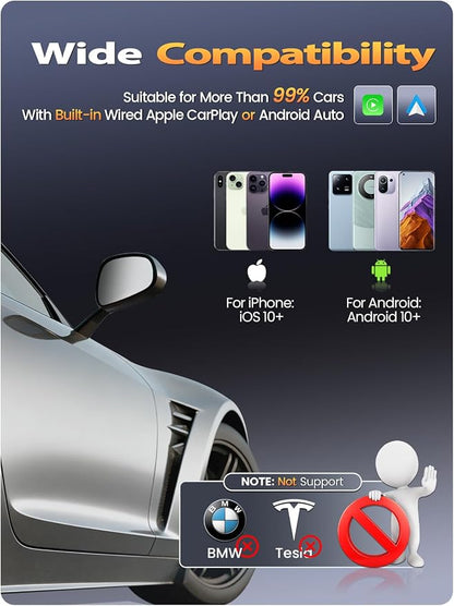 Mini Wireless CarPlay Adapter for iPhone & Android Auto (2026 Upgrade), No Delay, Fast & Stable Connection, Plug & Play, Converts Wired to Wireless Carplay Dongle for 2016+ Cars, USB-A/Type-C Port