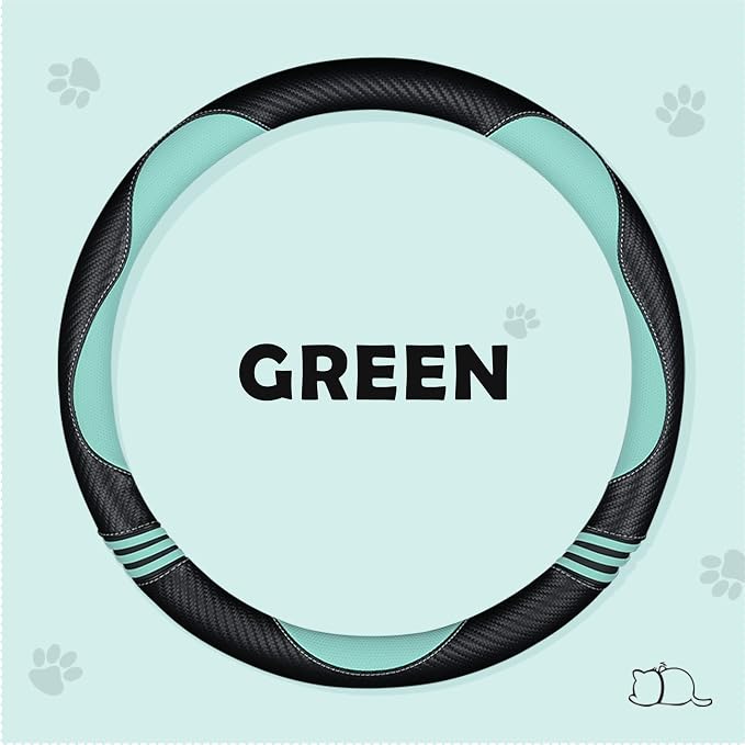 HighnessHwoo Car Steering Wheel Covers for Women Girl Padded Carbon Fiber PU Leather Cute Cartoon Auto Interior Accessories for Jeep, Truck, Universal, Anti Slip, Green, Large Size, 15.2-16in