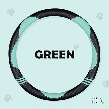 HighnessHwoo Car Steering Wheel Covers for Women Girl Padded Carbon Fiber PU Leather Cute Cartoon Auto Interior Accessories for Jeep, Truck, Universal, Anti Slip, Green, Large Size, 15.2-16in