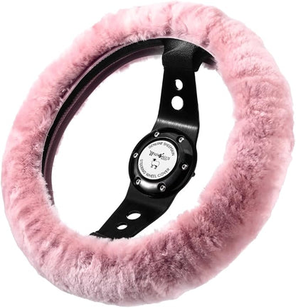 Andalus Brands Luxury Fluffy Car Steering Wheel Covers – Genuine Merino Sheepskin, Soft Fuzzy Car Steering Wheel Cover for Women, Universal 14.5-15" Size, Plush Fur Cute Auto Accessories, Pink