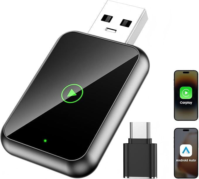 Mini 2-in-1 CarPlay Wireless Adapter, Android Car Wireless Adapter, Plug & Play, USB-A/C, Fast Stable Connection, Compatible with iOS 10+ and Android 11+, OTA Upgrade, Black
