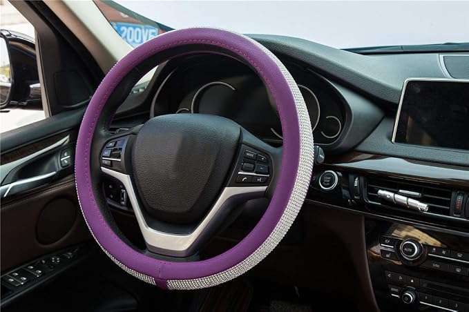 New Diamond Leather Steering Wheel Cover with Bling Bling Crystal Rhinestones, Universal Fit 15 Inch Car Wheel Protector for Women Girls Purple
