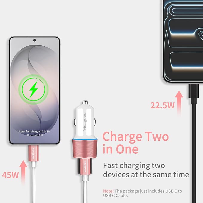 67.5W Pink Car Charger USB C Super Fast Charging, 45W USBC&QC3.0 Port Plug for iPhone 17 Pro Max/Air/16/15/iPad, Samsung S26 Android Cell Phone, Dual 12V Cigarette Lighter Adapter+3.3 ft Type C Cable