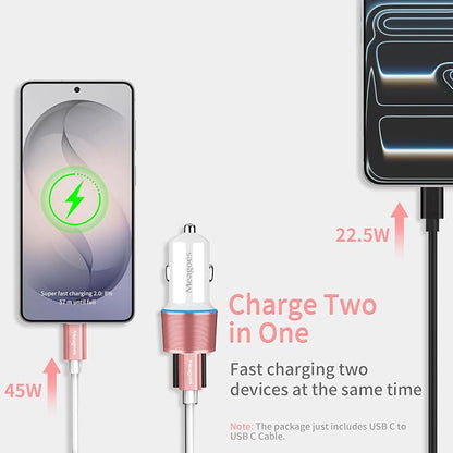 67.5W Pink Car Charger USB C Super Fast Charging, 45W USBC&QC3.0 Port Plug for iPhone 17 Pro Max/Air/16/15/iPad, Samsung S26 Android Cell Phone, Dual 12V Cigarette Lighter Adapter+3.3 ft Type C Cable