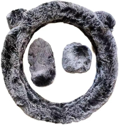 Fuzzy Steering Wheel Cover, Cute Fluffy Car Wheel Cover Women Bear Panda Ears 14.5" 15inch, Soft Warm Furry Plush Wool Fur Wheel Protector & Handbrake & Gear Shift Cover Set, Winter Warmer hands, Grey