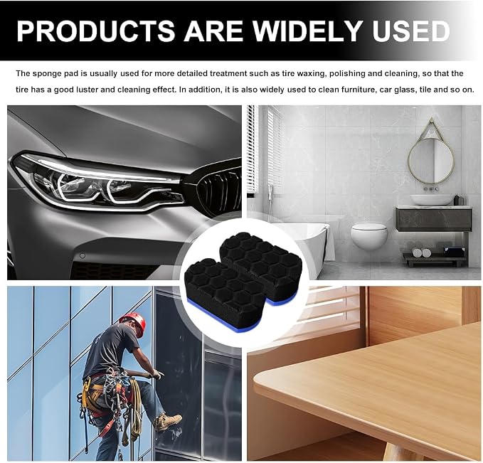 2PCS Tire Waxing Applicator Pad, Sponge Pad, Easy Grip Hex Logic Tire Shine Dressing Applicator Sponge, Car Durable and Reusable Cleaning Foam Sponges for Wheel Tire Polishing (Blue)