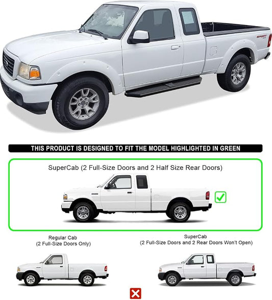 APS 6-inch (Black Stainless Steel Powder Coated Flat Style) Running Boards Side Bars Side Steps Compatible with Ford Ranger Mazda B-Series 1999-2011 Super Cab 4-Door (Drilling Required)