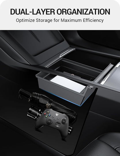 BASENOR 2026 Tesla Model Y Model 3 Center Console Organizer Tray, Cup Holder Armrest Hidden Storage Box for 2025 2026 Model Y Juniper 2024 2025 2026 Tesla 3 Highland