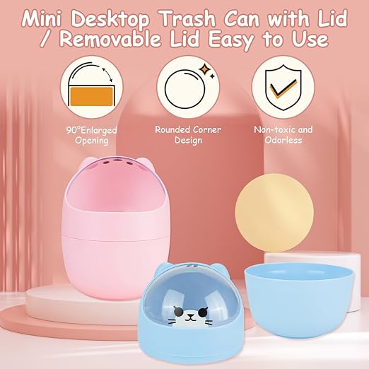 Mini Trash Can, Cute Small Trash Can with Lid, Desktop Paper Bin with 5 Rolls of Bin Liners, Portable Tabletop Dustbin, Cartoon Animal Rubbish Storage for Kitchen(Blue)