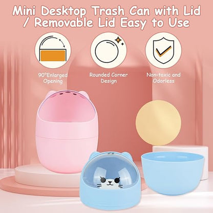 Mini Trash Can, Cute Small Trash Can with Lid, Desktop Paper Bin with 5 Rolls of Bin Liners, Portable Tabletop Dustbin, Cartoon Animal Rubbish Storage for Kitchen(Blue)