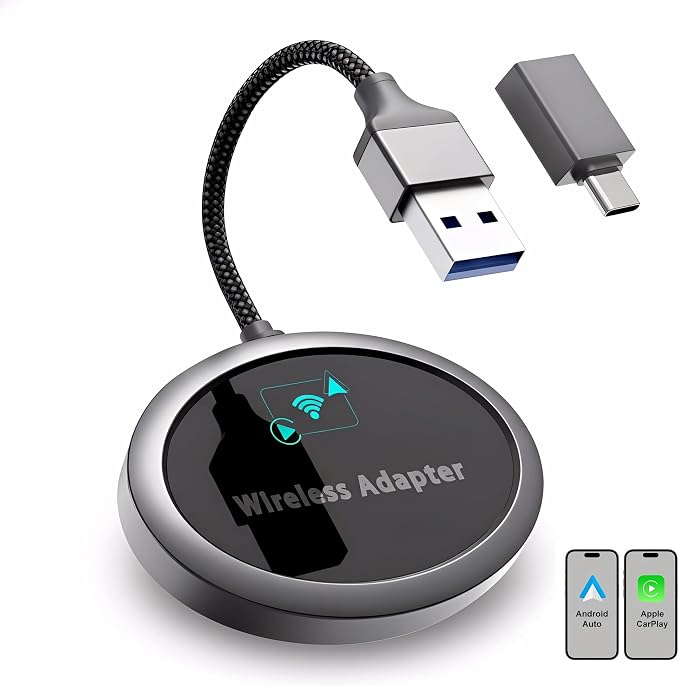 2-in-1 Wireless CarPlay Adapter 2026 for Apple iPhone & Android Auto Adapter, Plug&Play CarPlay Dongle Converter, Fast Auto-Connect,Compact Design Fast Stable Connection with USB/USB-C Port (Grey)