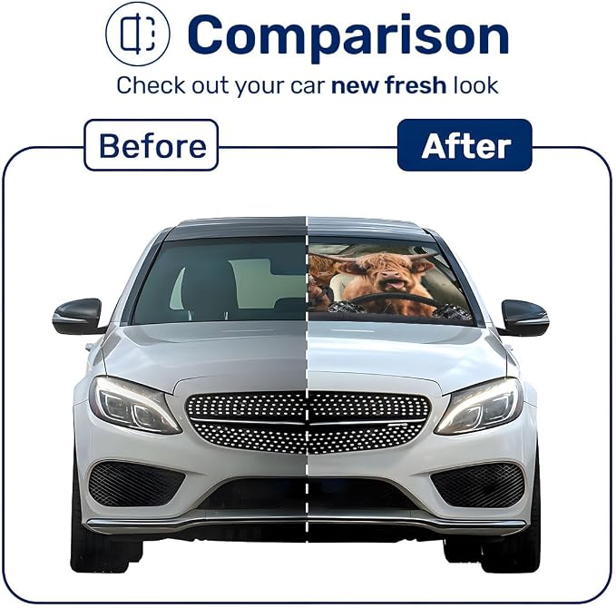 GENANY Highland Cow Family Funny Windshield Sun Shade for Car SUV Truck (55x29 Inches), Automobile Sunshade, Protector Blocks UV, Car Accessories, Auto Decor