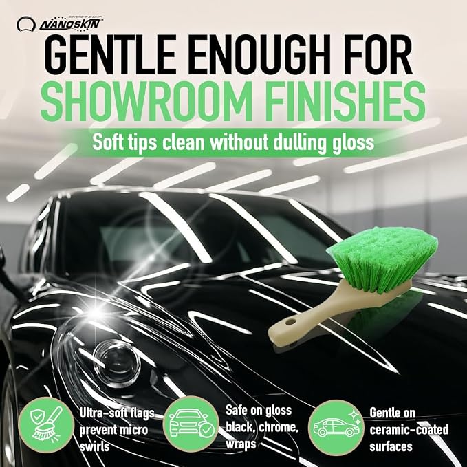 Nanoskin Pro-Grade 8.5" Car Detailing Brush - Durable Green Polystyrene Flagged Bristles, Acid Resistant, Gentle Surface Cleaning, Auto Wash, Tire & Wheel Scrub, Professional Automotive Detailer Tool
