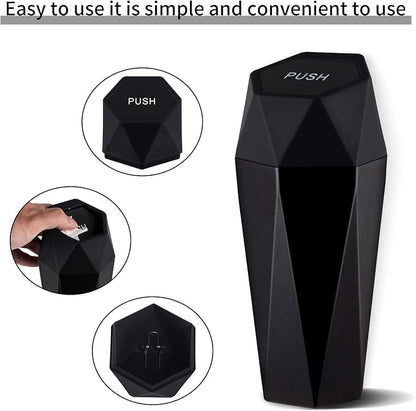 JUSTTOP Car Trash Can with Lid, Diamond Design Small Automatic Portable Trash Can, Easy to Clean, Used in Car Home Office Interior Accessories, 2PCS (Black)