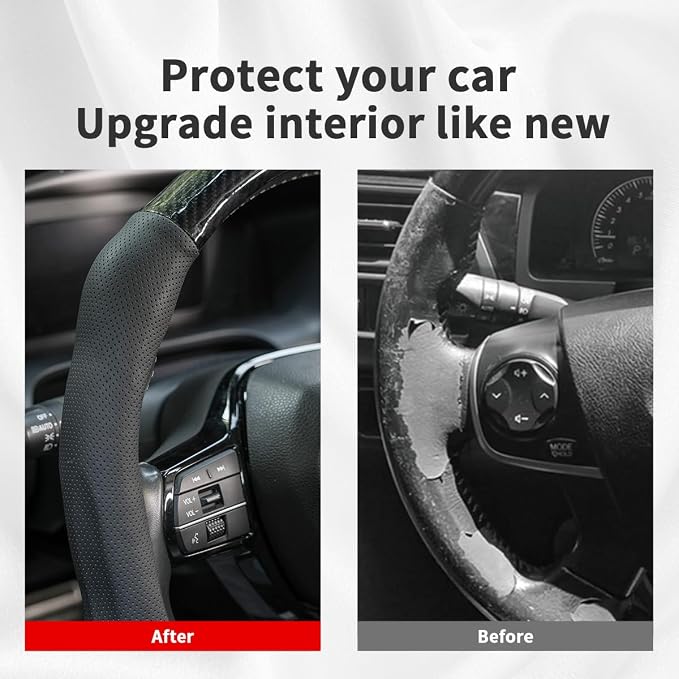 Car Steering Wheel Cover Napa Leather Non Slip Vehicle Steering Wheel Cover Protector, Quick Install Comfy Automotive Interior Decor, Universal fit 14½ to 15 inches Car Pickup SUV 14.5 to 15 inches