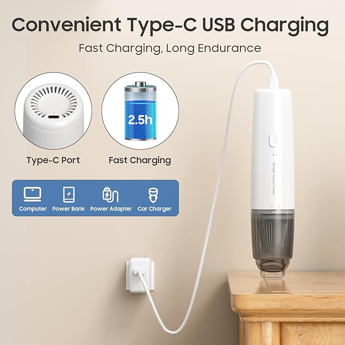 Handheld Vacuum Cordless, Car Vacuum Portable with 2 Suction Modes, Blow & Suction 2-in-1, Mini Vacuum Cleaner Rechargeable for Car, Home, Pet Hair, Office, Desk, Keyboards (White)