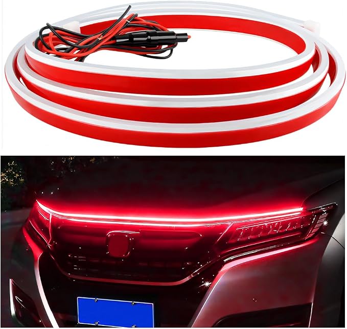 Car Hood Light Strip, 71 Inch Silicone Flexible Daytime Vehicle LED Running Lighting with Dynamic Scan Start Up Effect, Waterproof Auto Exterior Lamp Accessories, Universal Fit (Red)