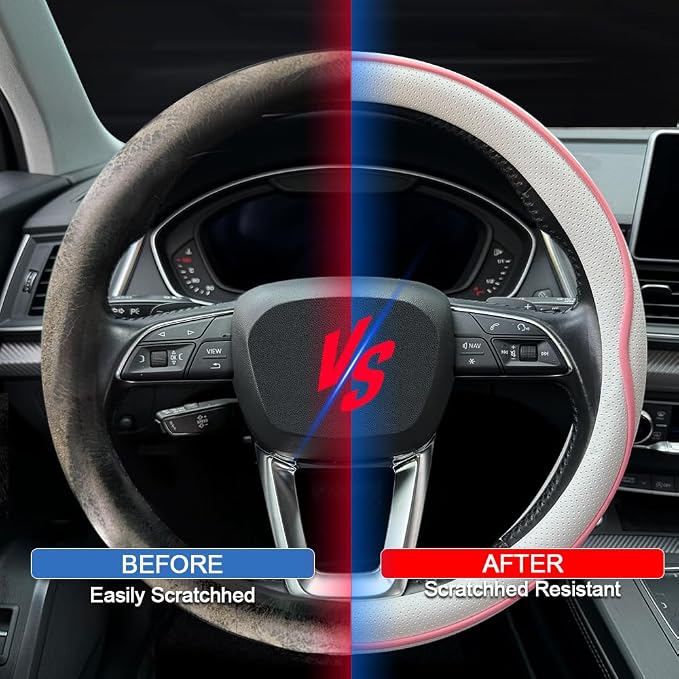 HAOTULE Leather Steering Wheel Cover， with Anti-Slip Stripe Design - Enhanced Grip, Fashion Style, Safe, Non-Slip, Breathable. Upgrade car Interior，White Pink