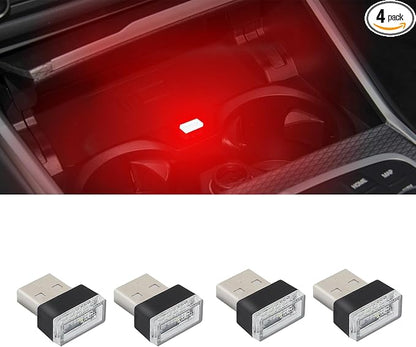 4PCS USB LED Car Interior Atmosphere Lamp, Plug-in USB Decor Night Light, Portable Auto Ambient Lighting Kit, Universal Car Interior Accessories LED Night Light for Most Cars (Red)