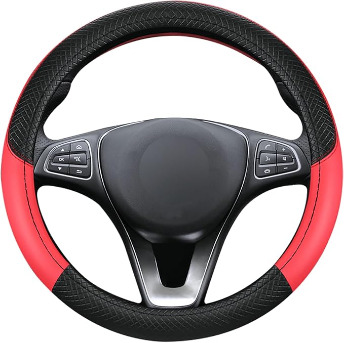 Leather Patchwork Black Red Steering Wheel Cover, 14.5-15 Inch Non-Slip Breathable Microfiber Car Steering Wheel Protector