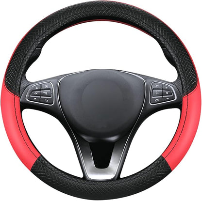 Leather Patchwork Black Red Steering Wheel Cover, 14.5-15 Inch Non-Slip Breathable Microfiber Car Steering Wheel Protector