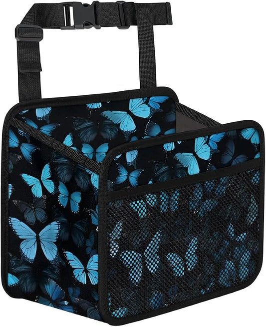 Car Backseat Organizer, PU Leather Back of Seat Cars Hanging Organizer with Pockets Leakproof Car Garbage Bag Hanging Cars Seat Storage Box Travel Accessories Foldable (Blue Butterfly)