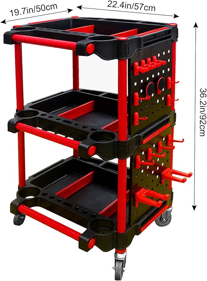 Car Detailing Cart with Wheels – 3-Tier Heavy-Duty Mobile Utility Organizer for Car Wash & Auto Repairs – Adjustable Side Trays, Tool Hooks – Workshop Storage for Mechanics & Detailers