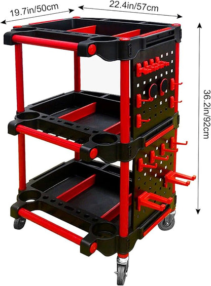 Car Detailing Cart with Wheels – 3-Tier Heavy-Duty Mobile Utility Organizer for Car Wash & Auto Repairs – Adjustable Side Trays, Tool Hooks – Workshop Storage for Mechanics & Detailers