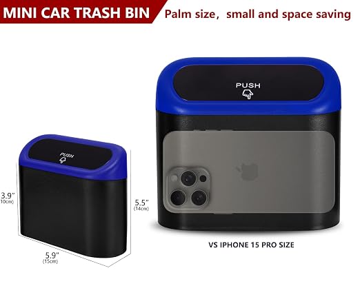 Ginsco Mini Car Trash Can with Lid, Small Car Garbage Can, Cute Leakproof ABS Car Trash Bin, Car Accessories for Interior, Garbage Bin for Car, Home, Office with 60pcs Trash Bags